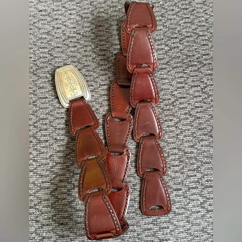 Vintage Brighton Brown Hinged Genuine Leather Belt Silver Buckle Western Coastal